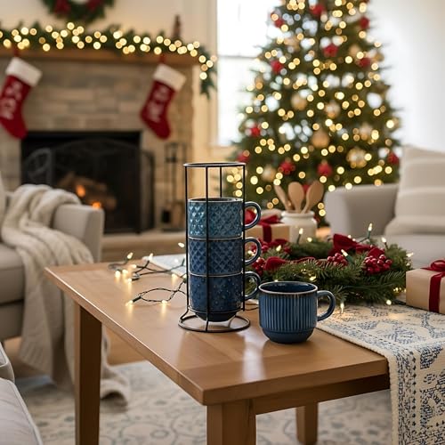 JH JIEMEI HOME Blue 15oz Ceramic Coffee Mug Set of 4 with Stand - Embossed, Stackable, Microwave & Dishwasher Safe