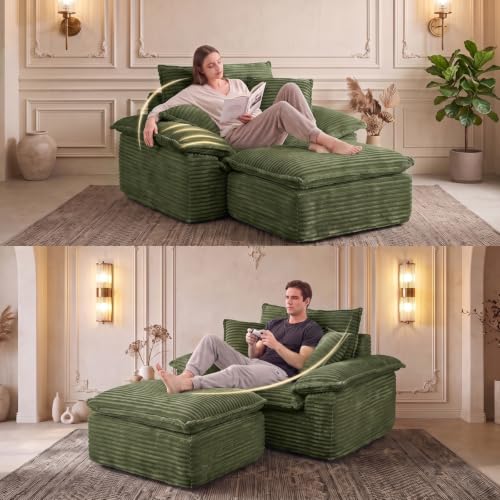 Oversized Corduroy Chaise Lounge Sofa with Ottoman and 3 Pillows