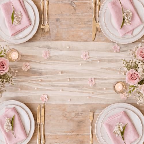 Artoid Mode 28x120 Inch Pink & White Pearl Flower Gauze Table Runner for Wedding & Holiday Decor