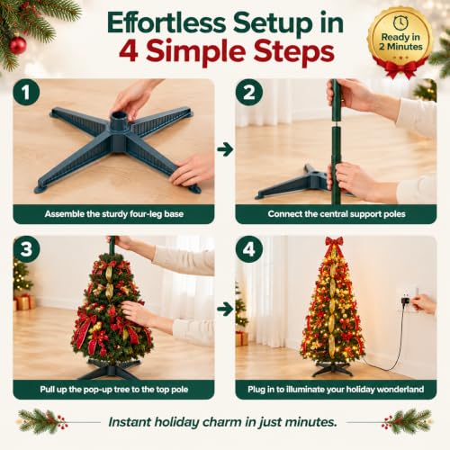 Red 7FT LED Pre-Lit Christmas Tree with Decorations and Metal Stand