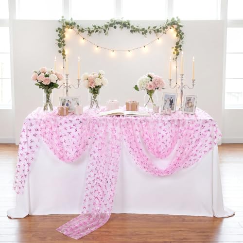 Pink Cheesecloth Table Runner 10FT with Pink Tulle & Bows for Wedding & Party Decor