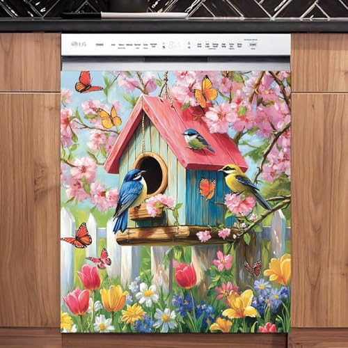 Garden Bluebird and Birdhouse Dishwasher Magnet Cover 23" x 26" Spring Kitchen Decor
