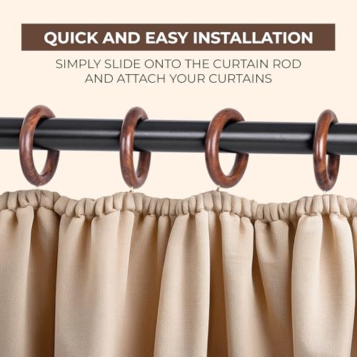 Handcrafted Rose Wood Curtain Rings with Metal Hooks - 1.75 Inch, 48 Pack