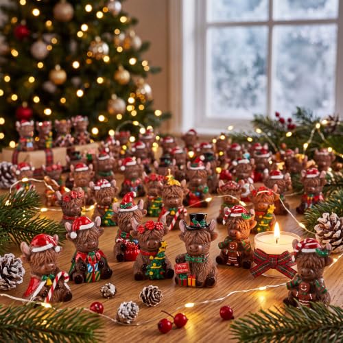 Yaomiao 60 Pcs Christmas Mini Resin Highland Cow Figurines - Holiday Decor Set
