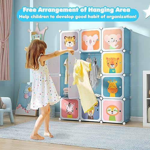 Modular Kids Wardrobe with 12 Storage Cubes and Hanging Rod - Blue