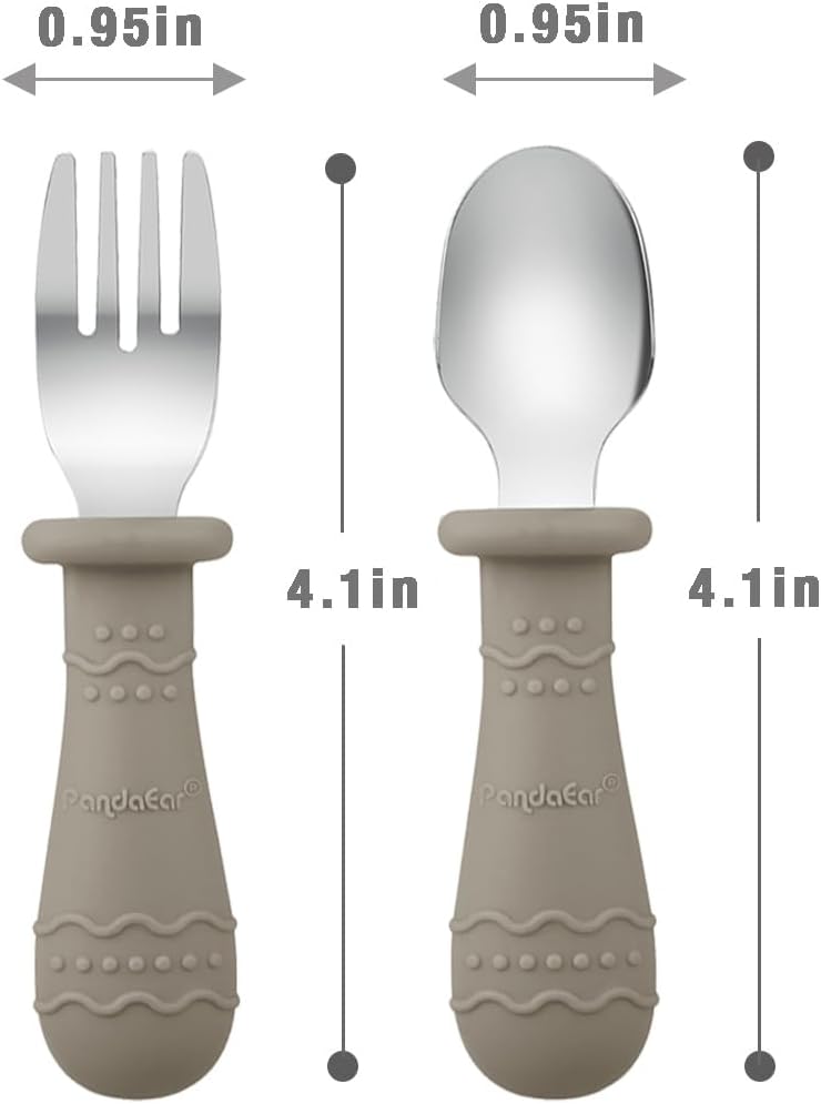 PandaEar Toddler Utensils Set - 6 Pack Stainless Steel & Silicone Spoons and Forks | Dishwasher Safe (Light Tan/Walnut/Blue)