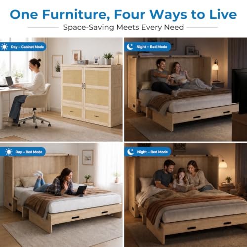 Queen Murphy Cabinet Bed with Tri-Folding Mattress and USB Charging Station
