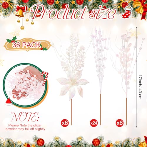 White Christmas Tree Picks and Sprays - 36 Pack, 17 Inch Glitter Berry Branches