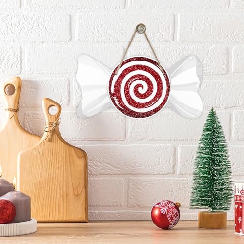 Christmas Red Peppermint Candy Front Door Sign - Xmas Glitter White, Candy Variation