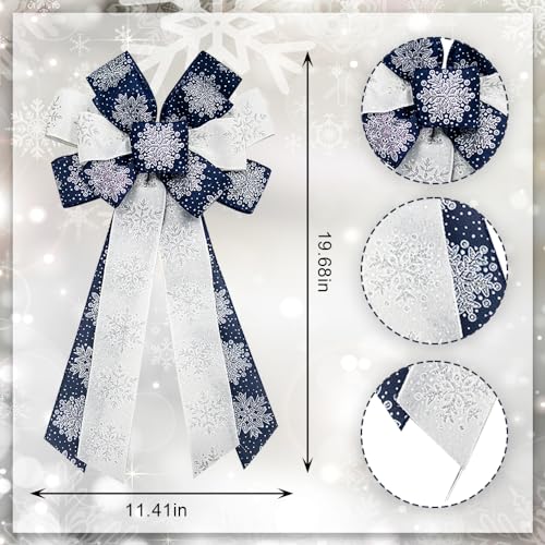 Hying 2pc Large Blue Snowflake Christmas Wreath Bow | Burlap Glitter Tree & Door Topper