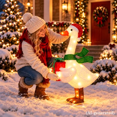 Lighted Christmas Goose Decoration with Santa Hat & Gift Box - White & Green