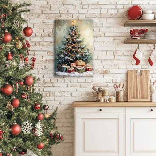 Christmas Tree Wall Art Canvas Painting - Snowy Holiday Decor, 16x24 inches