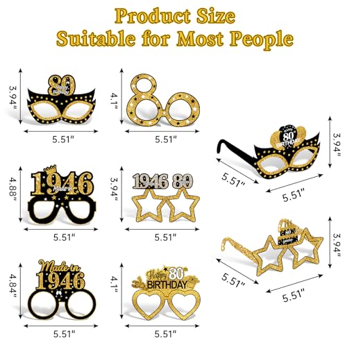 24Pcs 80th Birthday Paper Glasses - Black Gold Party Photo Booth Props