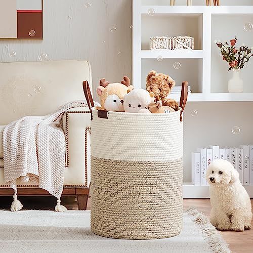 100L Tall Woven Cotton Rope Laundry Hamper with Leather Handles