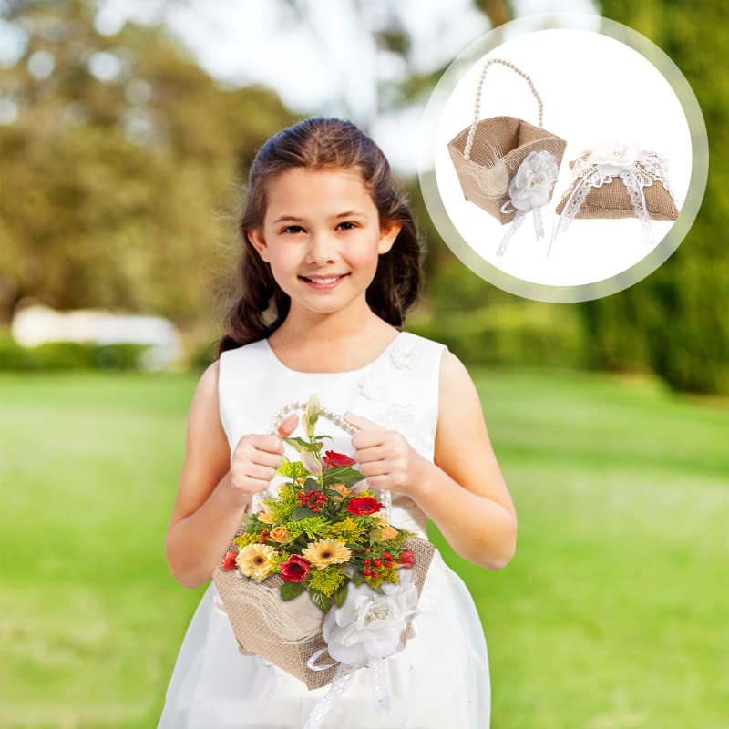 Rustic Burlap Flower Girl Basket with Pearl Bow for Wedding Ceremony