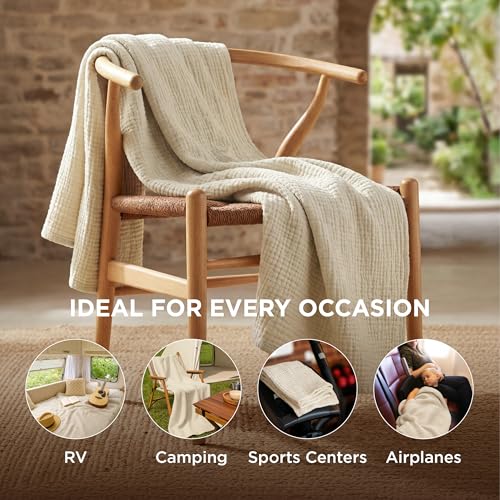 Bedsure 100% Cotton Muslin Throw Blanket - 4-Layer Gauze 50x70", Linen Beige