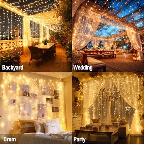 Dazzle Bright 300 LED Warm White Curtain String Lights for Bedroom and Patio Decor