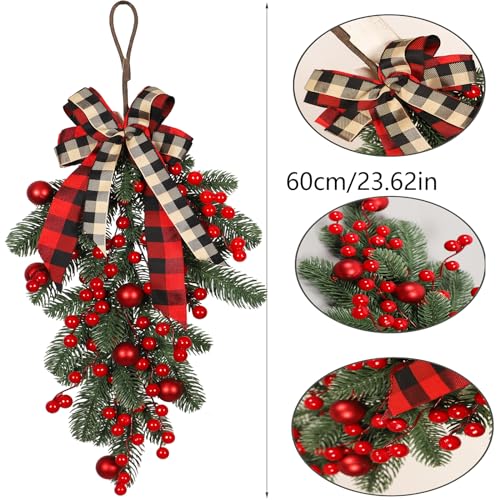 CITYES Xmas Artificial Teardrop Swag Wreath with Pine Cones & Red Berries, Outdoor Indoor Holiday Door Decor