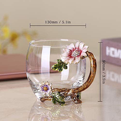 11oz Enamel Sunflower Crystal Lead-Free Glass Tea Cup & Spoon Set – Perfect Gift for Christmas & Valentine's Day