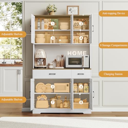 71" Tall Farmhouse Kitchen Pantry Cabinet with Charging Station, White