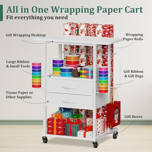 Rolling Gift Wrapping Paper Storage Cart with Fabric Drawers and Hooks