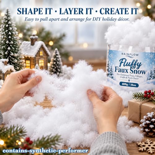 RAINFLOW 14 OZ Fake Snow Cotton Fluff for Christmas & Winter Decor