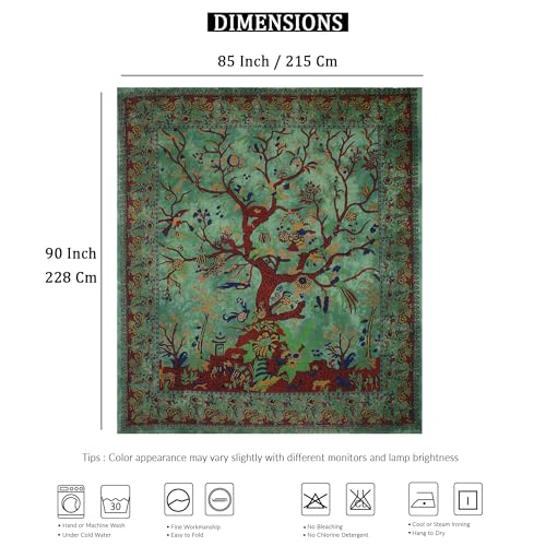 Green Tree of Life Tapestry Wall Hanging - 100% Cotton (85x90 Inch)
