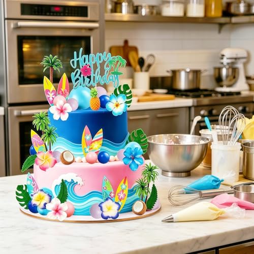 49-Piece Hawaiian Cake Topper Set, Summer Beach Party Cake Decorations