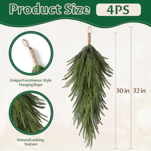 UAPINO 4-Piece 30'' Norfolk Pine Teardrop Swag Set for Door (4 Pieces, 30in Each)