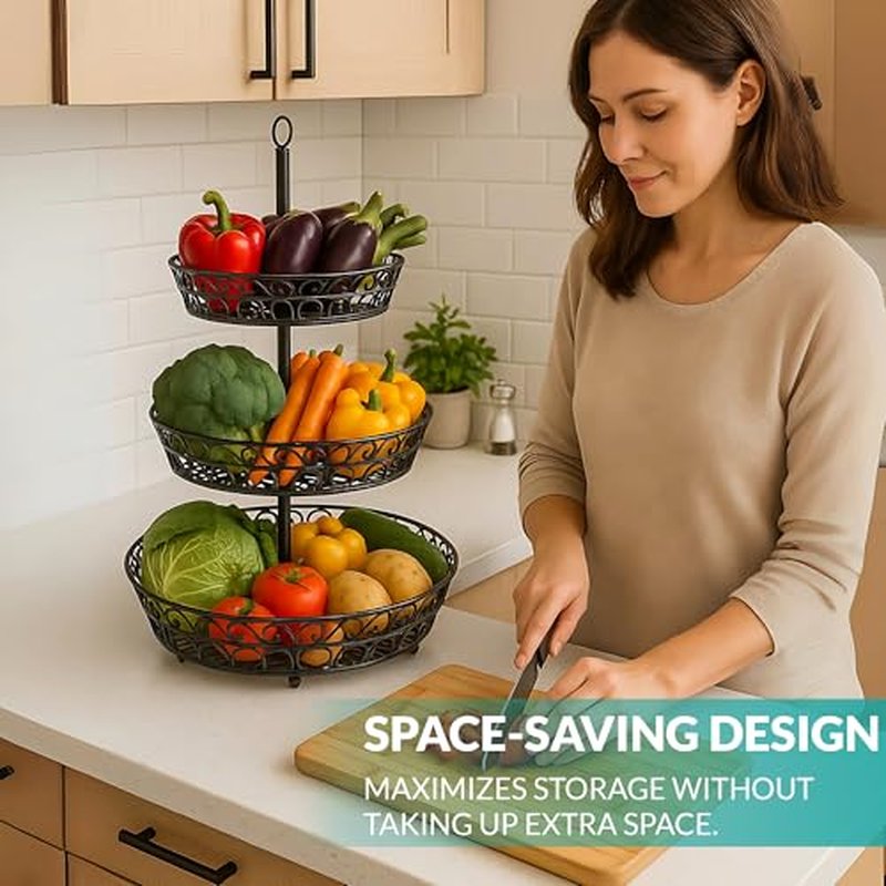 SDZOREN Large 3-Tier Fruit Basket for Kitchen Counter – Easy to Assemble, Antique Black, Stackable Fruit and Vegetable Storage Bowl (3 Layers)