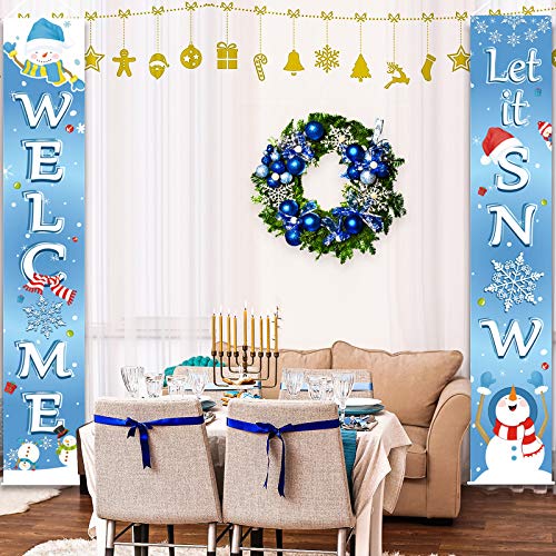 Blulu Let It Snow Welcome Front Door Porch Sign - Christmas Decoration Banner (Light Blue)