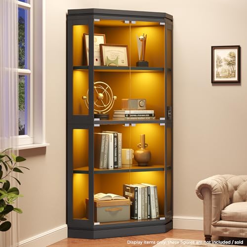 67-Inch Corner Glass Display Cabinet with RGB Lights and Motion Sensor