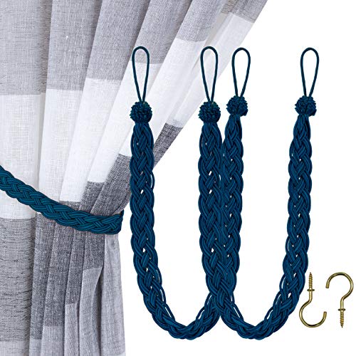 Braided Rope Curtain Tiebacks with Metal Hooks - 23 Inch Navy Set