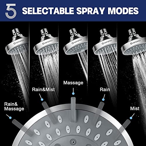 HOPOPRO 5-Mode High Pressure Shower Head - 4 Inch Chrome Fixed Showerhead