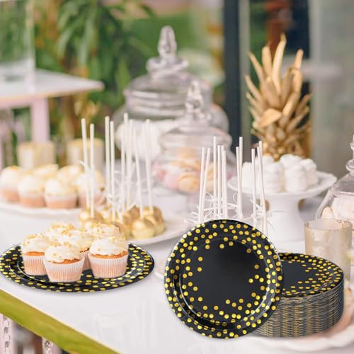 50 Pack Black and Gold Disposable Paper Plates 7 Inch for Parties