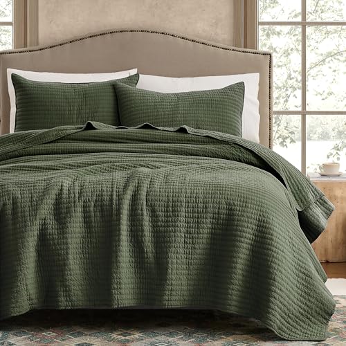 WDCOZY 100% Cotton Queen Quilt Set - Olive Green Striped Bedspread (3 Piece)