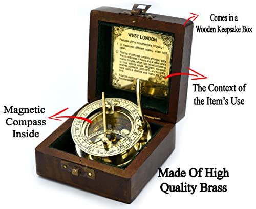Antique Brass Sundial Compass with Wooden Gift Box - Nautical Decor
