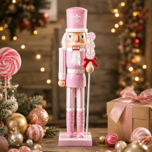 Pink Christmas Nutcracker Figures - 15 Inch Wooden Holiday Decor with Candy Details
