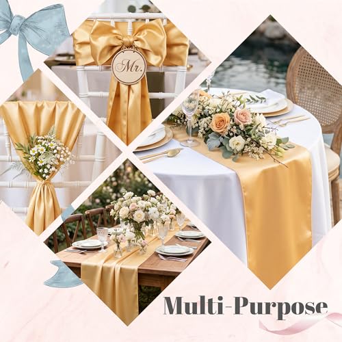 4-Pack Gold Satin Table Runners 12x108 Inch Reusable Wedding Table Decor
