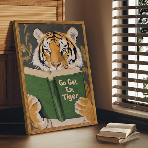 Funny Tiger Reading Canvas Wall Art - 12x16 Framed Motivational Decor