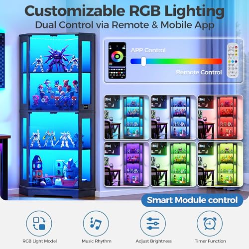 IRONCK 71-Inch Carbon Fiber Corner Glass Display Cabinet with Sensor Lighting, Black