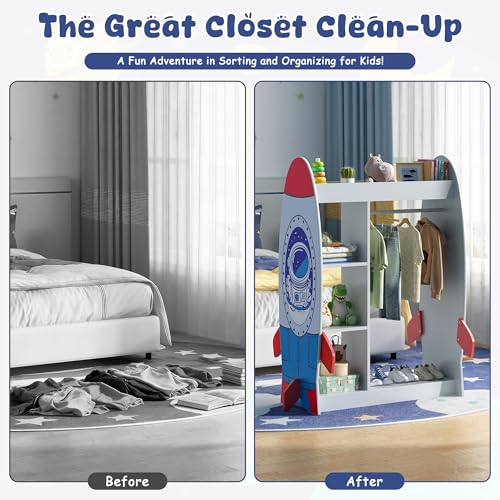 Rocket-Themed Kids Dress Up Wardrobe with Mirror & Storage Shelves