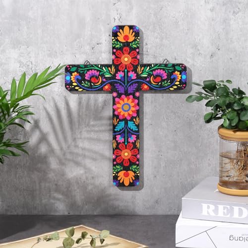 Floral Wooden Wall Cross, Hand Painted Mexican Style Decorative Crucifix