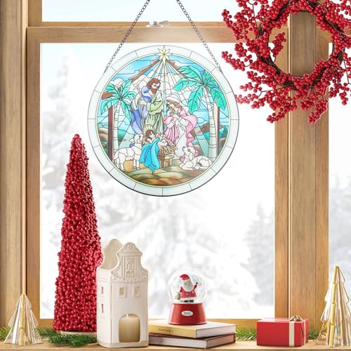 Stained Glass Nativity Scene Window Hanging Decor | Hand-Painted Artwork