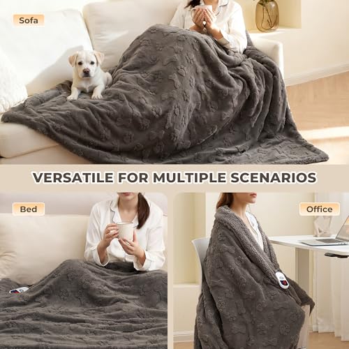 Heated Throw Blanket 50x72 Inch with Paw Print, Sherpa Fleece Electric Blanket