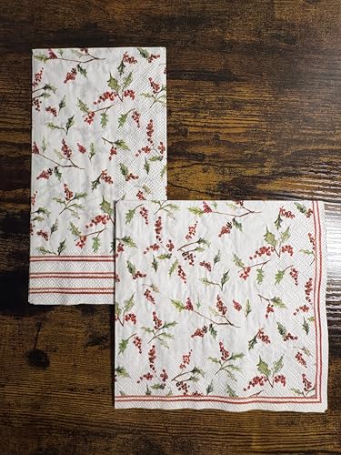 Disposable Christmas Ilex Berries Paper Napkins - 8.5 x 4.5 inches, 16-Count