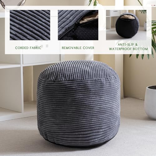 Round Plush Storage Pouf Ottoman - 20x15 Inch Floor Footrest, Dark Grey