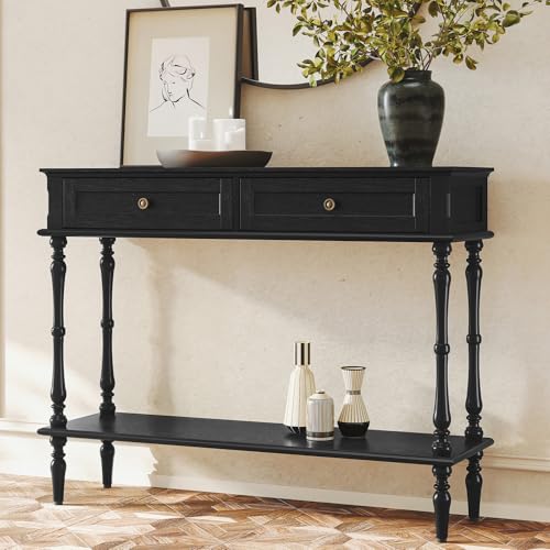 Console Table with 2 Drawers and Storage Shelf, Black Entryway Table