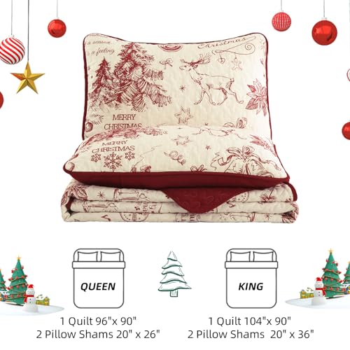 Red King Christmas Quilt Set with 2 Pillow Shams - Microfiber Holiday Bedspread