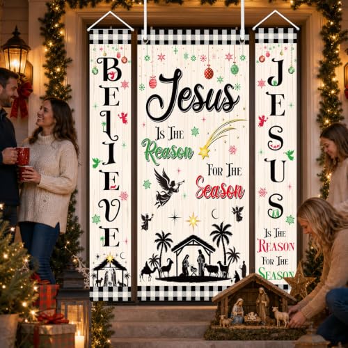Nativity Door Cover Set 3PCS - Nativity Theme Banner Displays for Christmas Door